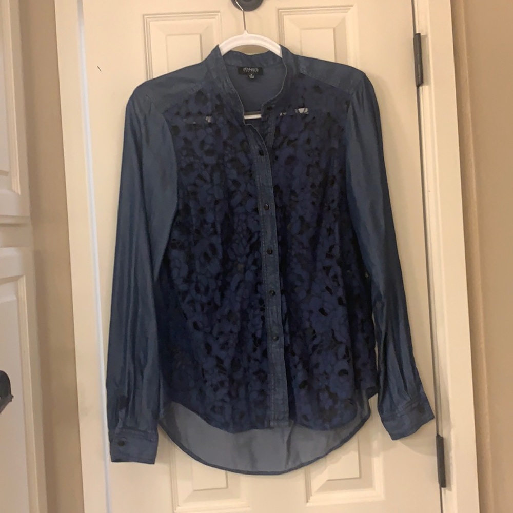 Blue Jean colored blouse with lace down the front
